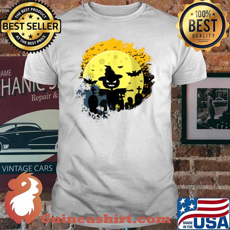 Halloween with flying bats on graveyard pumpkin scarecrow shirt