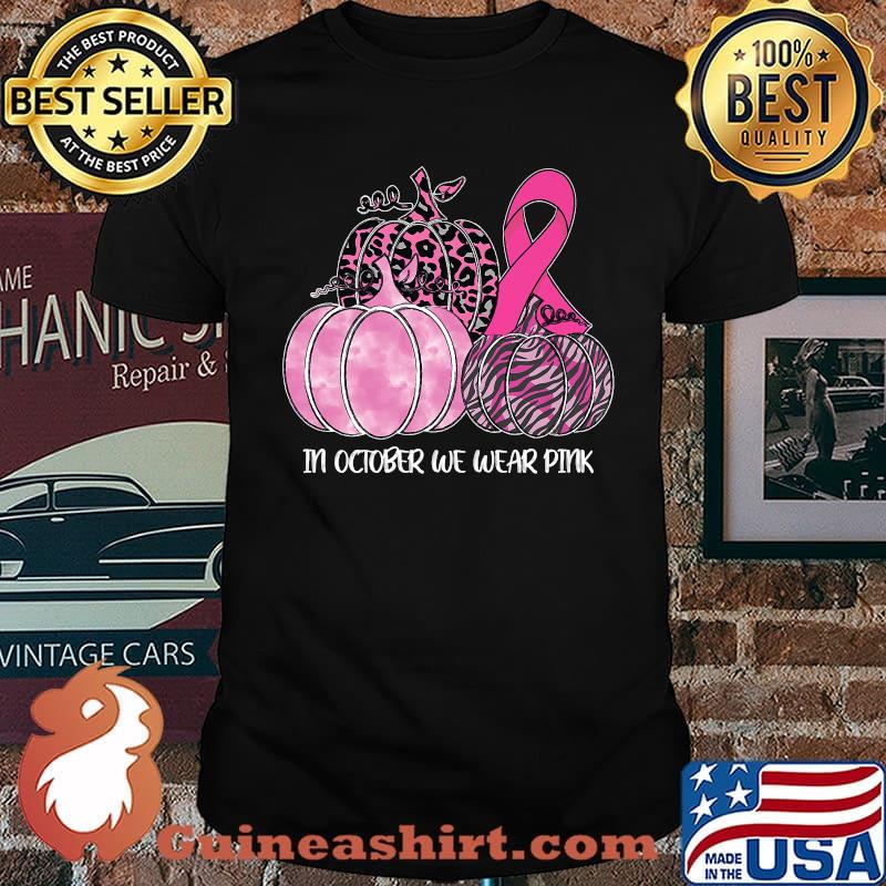 In October We Wear Pink Ribbon Pumpkin Leopard Breast Cancer Awereness T-Shirt