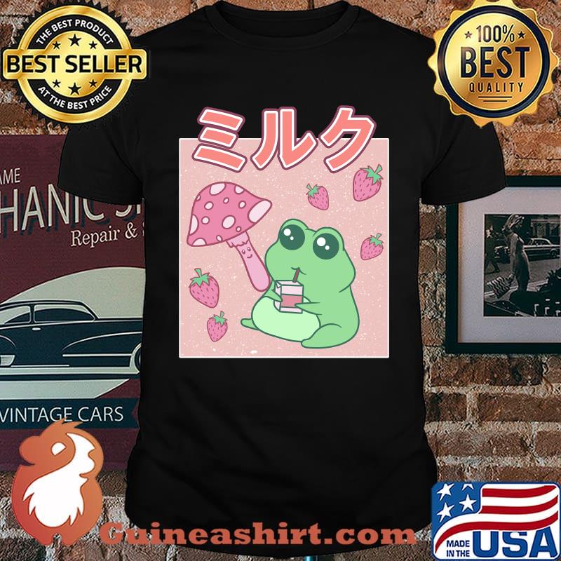 Kawaii Cottagecore Aesthetic Frog Strawberry Milk Mushroom T-Shirt