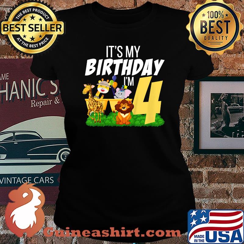 Kids It's My Birthday I'm 4 Years Old Birthday Safari Animals T-Shirt Laides tee