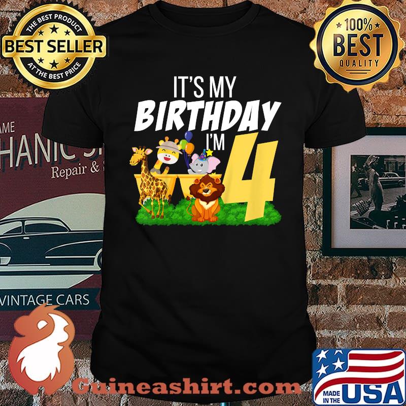 Kids It's My Birthday I'm 4 Years Old Birthday Safari Animals T-Shirt