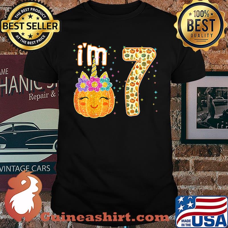 Kids Kids Im 7 Years Old Unicorn Pumpkin Halloween 7th Birthday T-Shirt