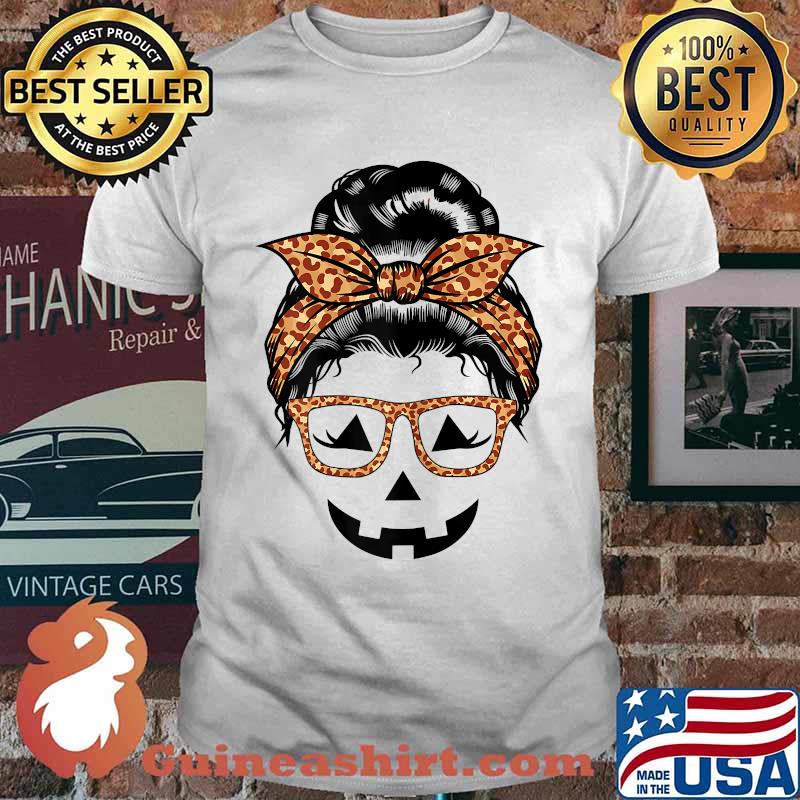 Leopard Messy Bun Jack o Lantern Face Halloween Glasses T-Shirt