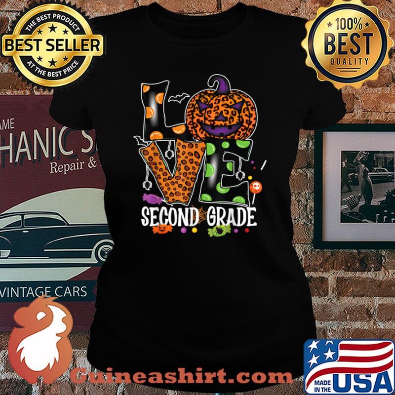 Love Second Grade Teacher Halloween Leopard Pumpkin Shirt Laides tee