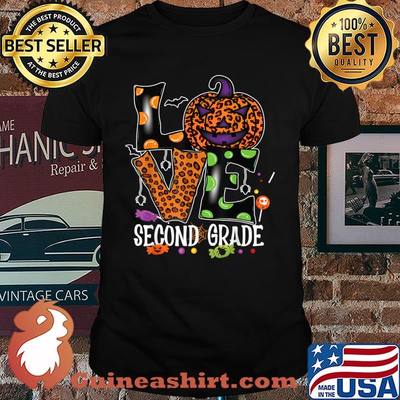 Love Second Grade Teacher Halloween Leopard Pumpkin Shirt