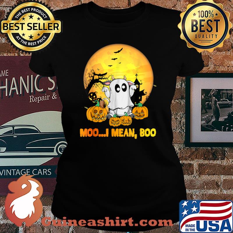 Moo I Mean Boo Ghost Cow Halloween Farmer Shirt Laides tee