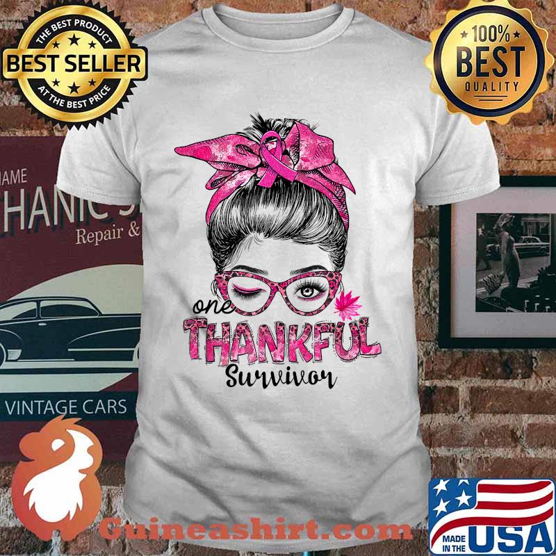 One Thankful Survivor Breast Cancer Awareness Messy Bun Mom T-Shirt