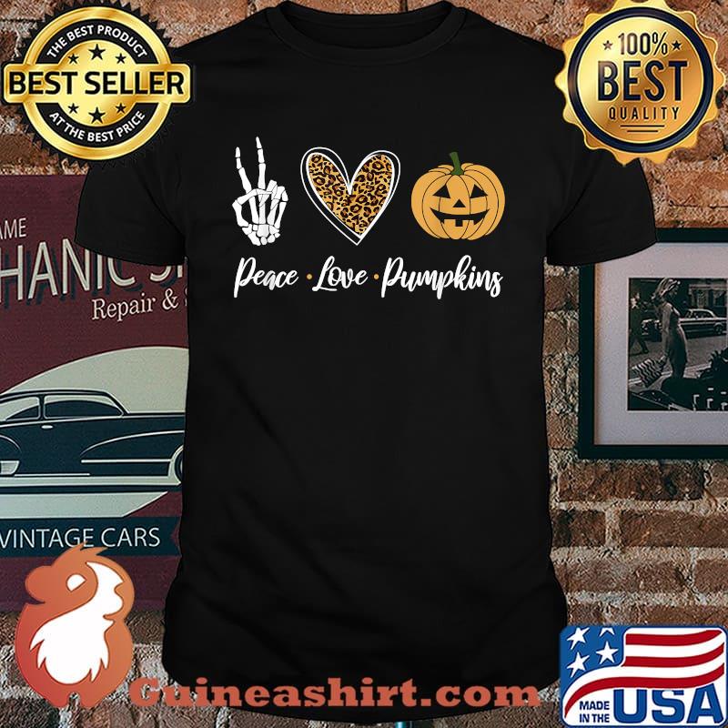 Peace Love Pumpkin Halloween Skeleton Hand Leopard Heart T-Shirt