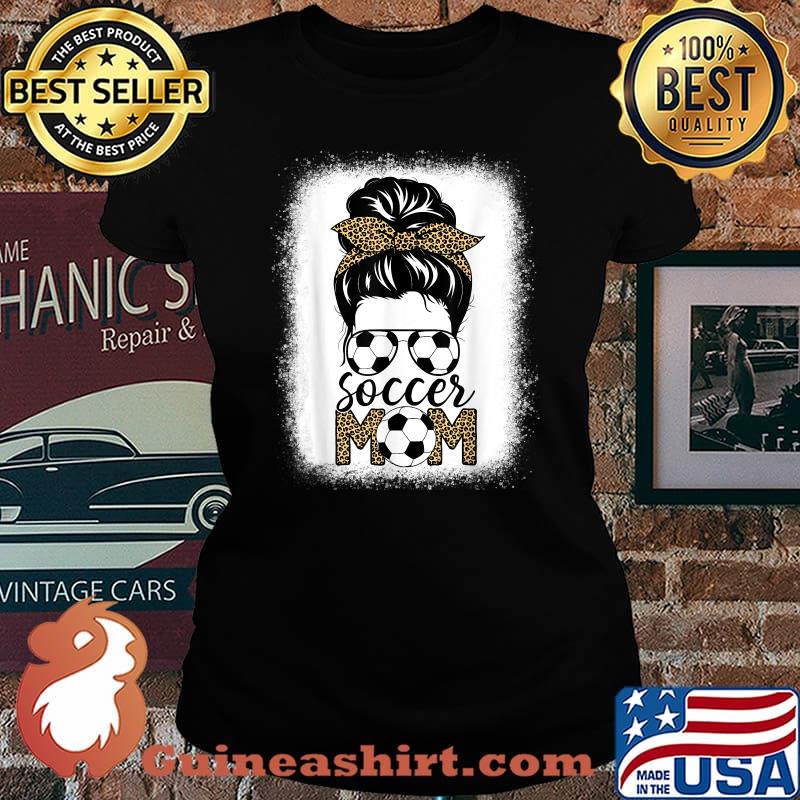 Soccer Mom Life Bleached Messy Bun Hair Leopard Football T-Shirt Laides tee