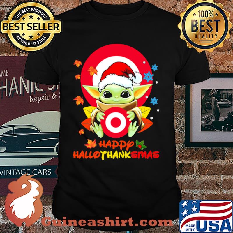 Target logo yoda holding happy hallothanksmas santa hat shirt