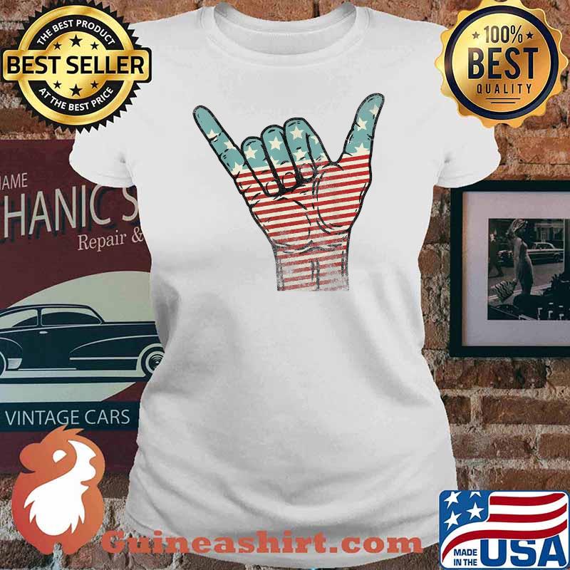 Usa Hang Loose American Shaka Hand Rock n Roll US Flag T-Shirt Ladies tee