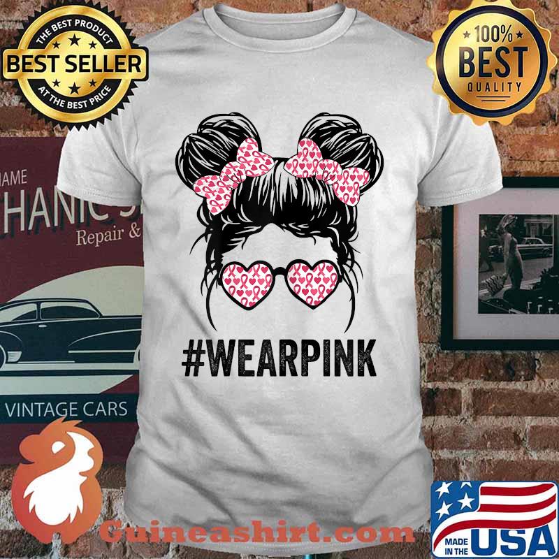 Wear pink Messy bun glasses breast cancer awareness T-Shirt