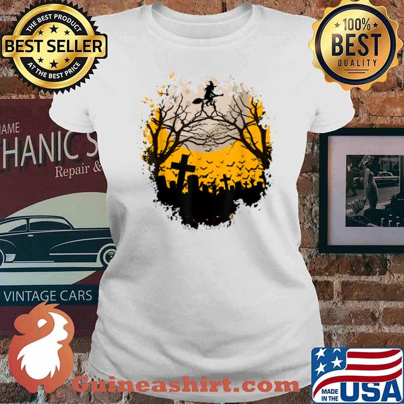 Witch rides the broom at night with moon at Halloween Shirt Ladies tee