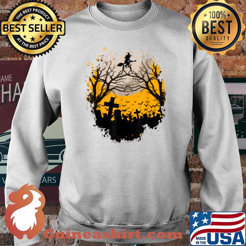 Witch rides the broom at night with moon at Halloween Shirt Sweater