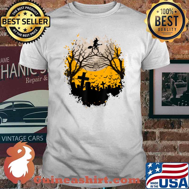 Witch rides the broom at night with moon at Halloween Shirt