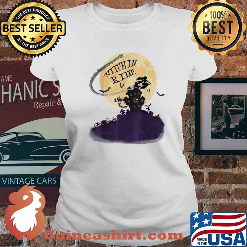 Witchin Ride Halloween Witch Riding Broom Full Moon T-Shirt Ladies tee