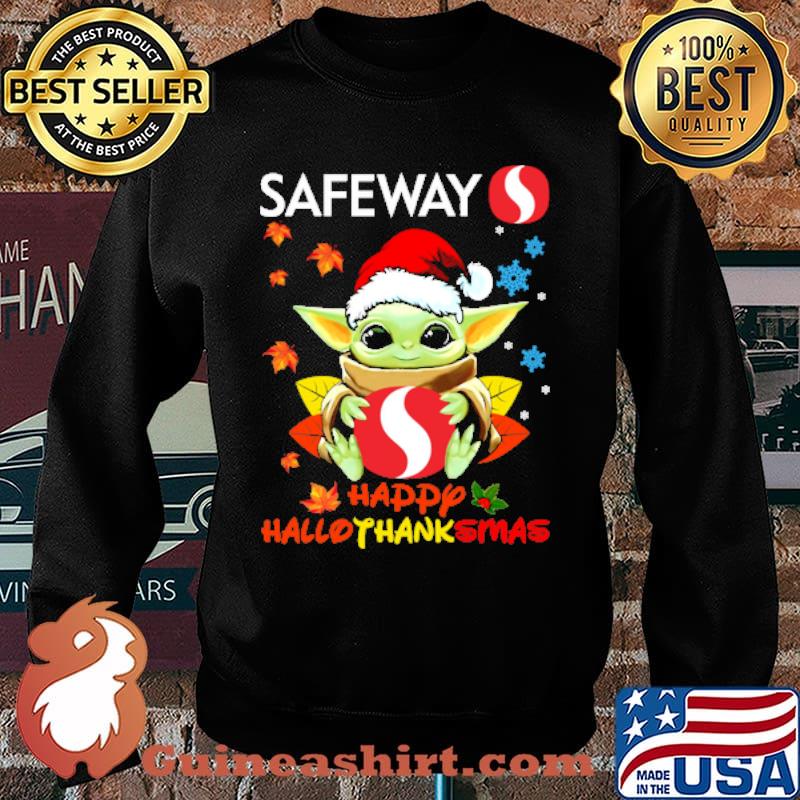 Yoda holding safeway logo happy hallothanksmas santa hat s Sweater