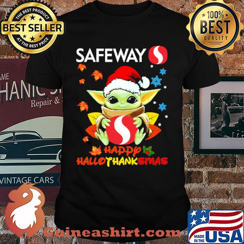 Yoda holding safeway logo happy hallothanksmas santa hat shirt
