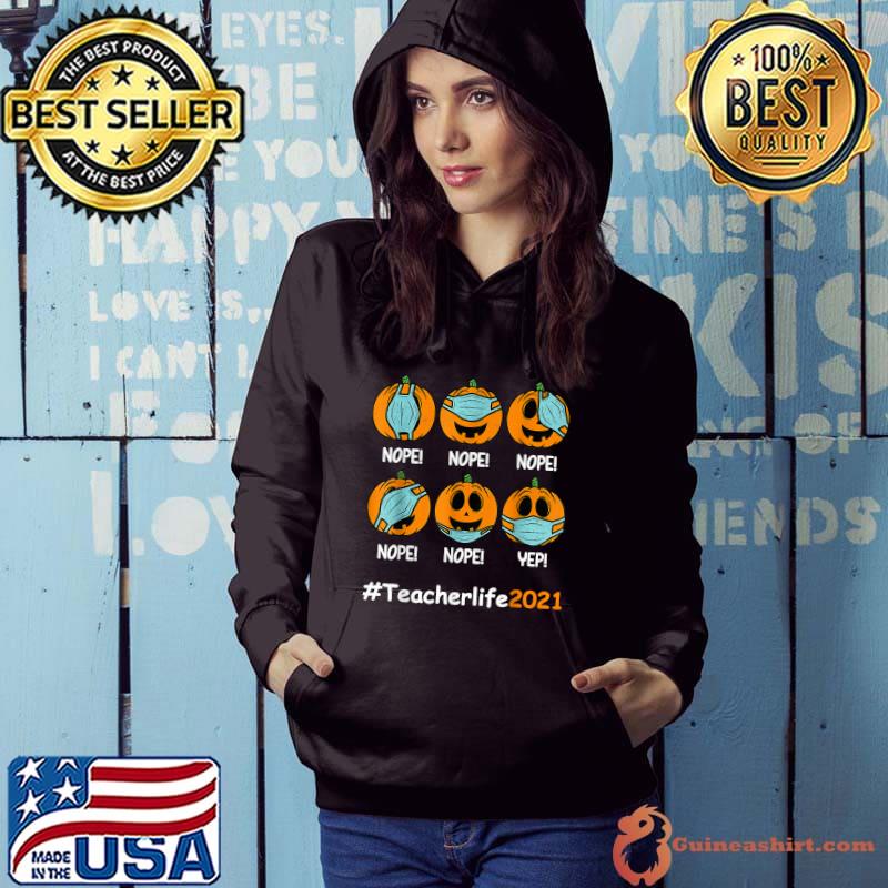 76AX Teacher Life 2021 Pumpkin Mask Halloween Scary Teacher T-Shirt
