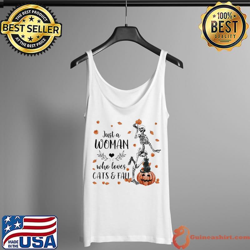 Best just A Woman Who Loves Cats And Fall Autumn Skull Shirt Tank Top