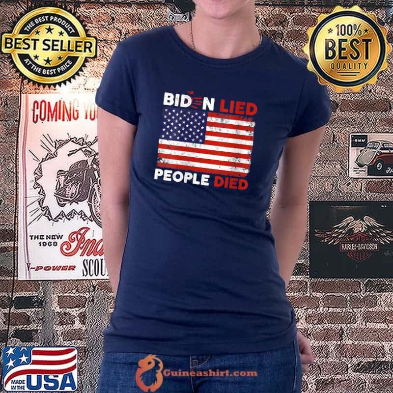 Biden Lied People Died USA Flag Vintage Bloody HandPrint T-Shirt Ladiestee