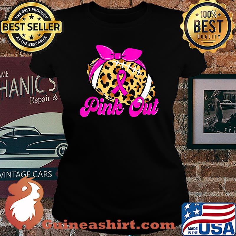 Breast Cancer Ribbon Pink Out Football Pink Ribbon Leopard T-Shirt Laides tee