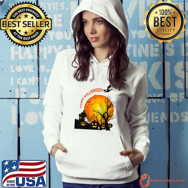 Creepy Halloween house with a witch flying and bats T-Shirt