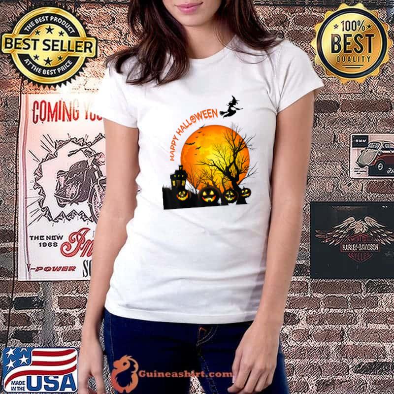Creepy Halloween house with a witch flying and bats T-Shirt Ladiestee