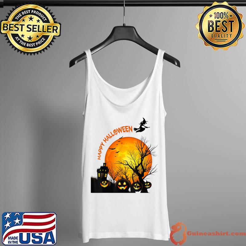 Creepy Halloween house with a witch flying and bats T-Shirt Tank Top