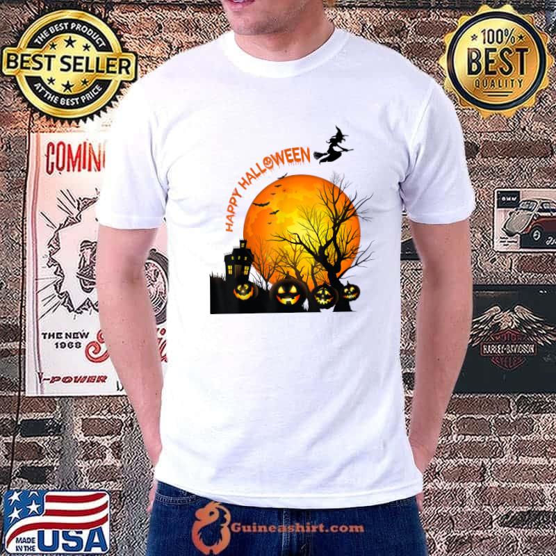 Creepy Halloween house with a witch flying and bats T-Shirt Unisex