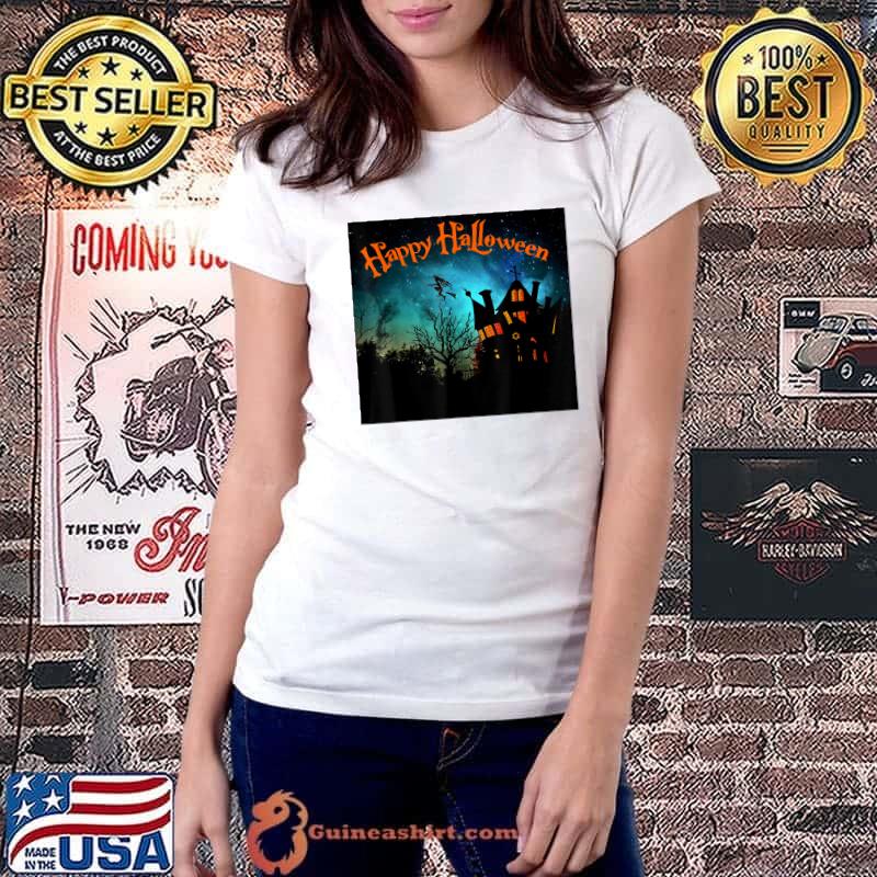 Creepy Halloween House with a Witch Flying T-Shirt Ladiestee