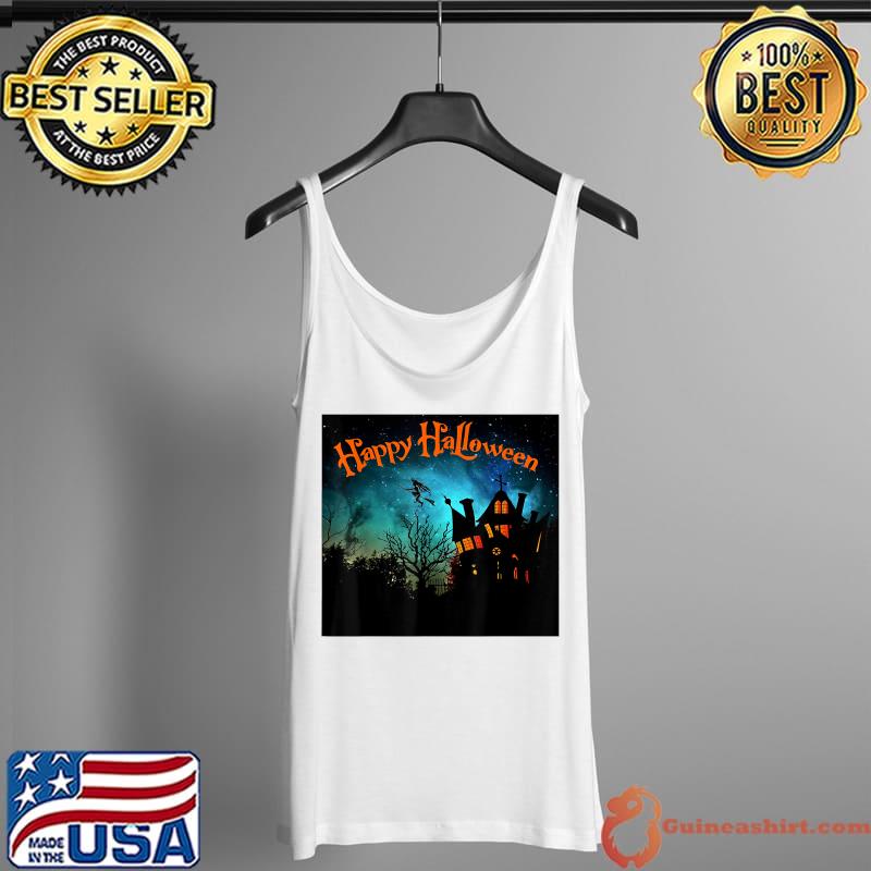 Creepy Halloween House with a Witch Flying T-Shirt Tank Top