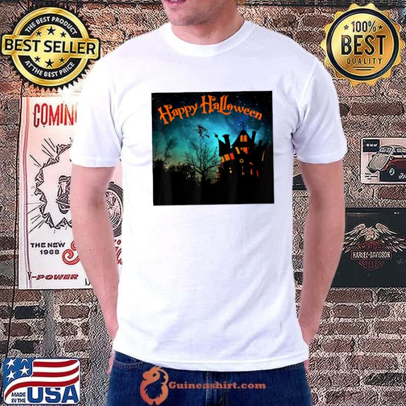 Creepy Halloween House with a Witch Flying T-Shirt Unisex