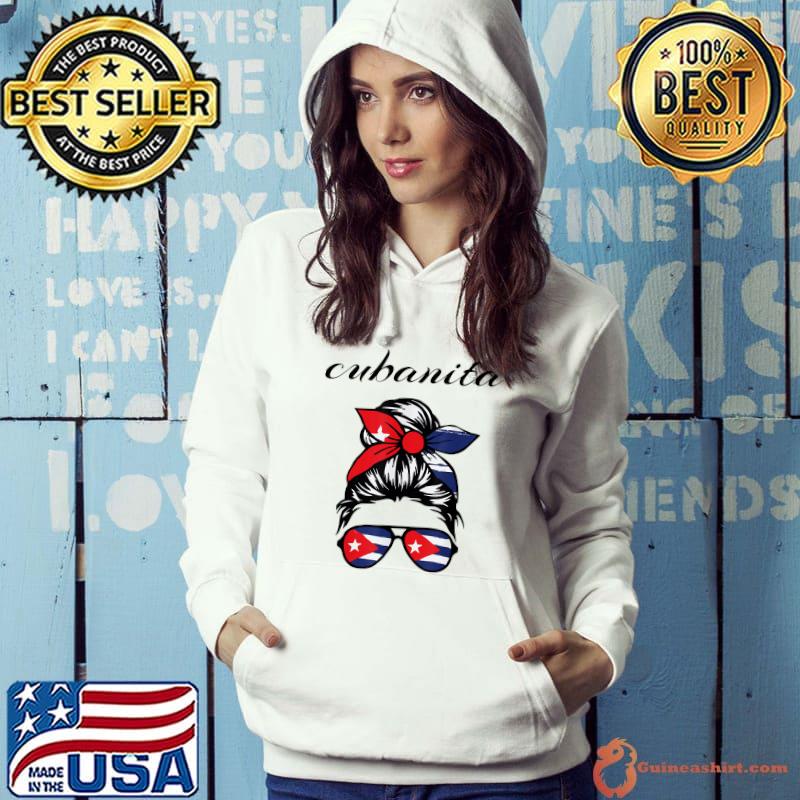 Cubanita Messy Hair Woman Bun Free Cuba Flag For Girls T-Shirt