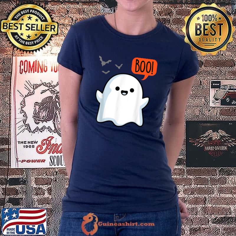Cute Ghost Saying Boo Ghost Spooky Bats Halloween Costume T-Shirt Ladiestee
