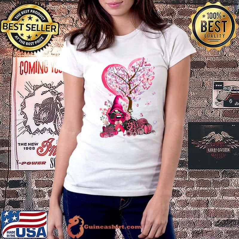 Cute Gnomes Breast Cancer Awareness Pumpkin Butterfly Tree T-Shirt Ladiestee
