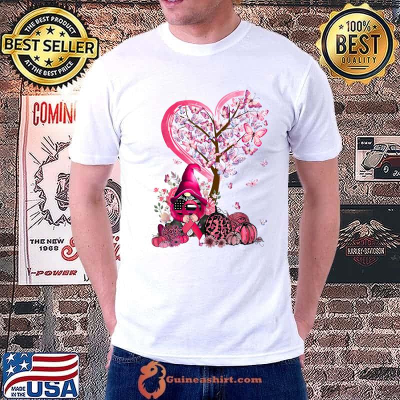 Cute Gnomes Breast Cancer Awareness Pumpkin Butterfly Tree T-Shirt