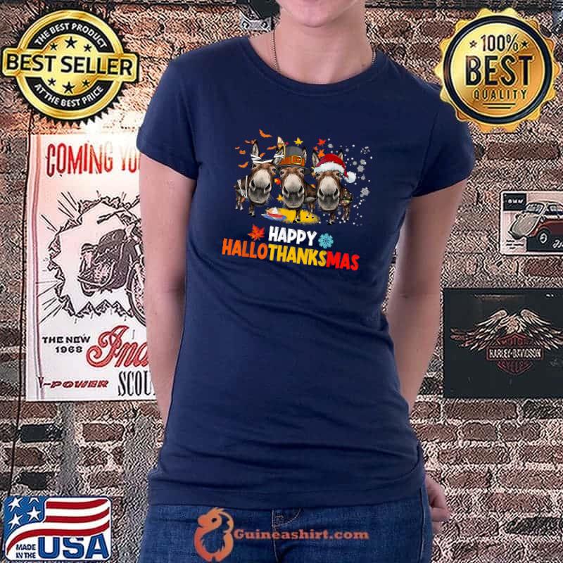 Donkey Happy HalloThanksMas Halloween Thanksgiving Christmas Premium T-Shirt Ladiestee