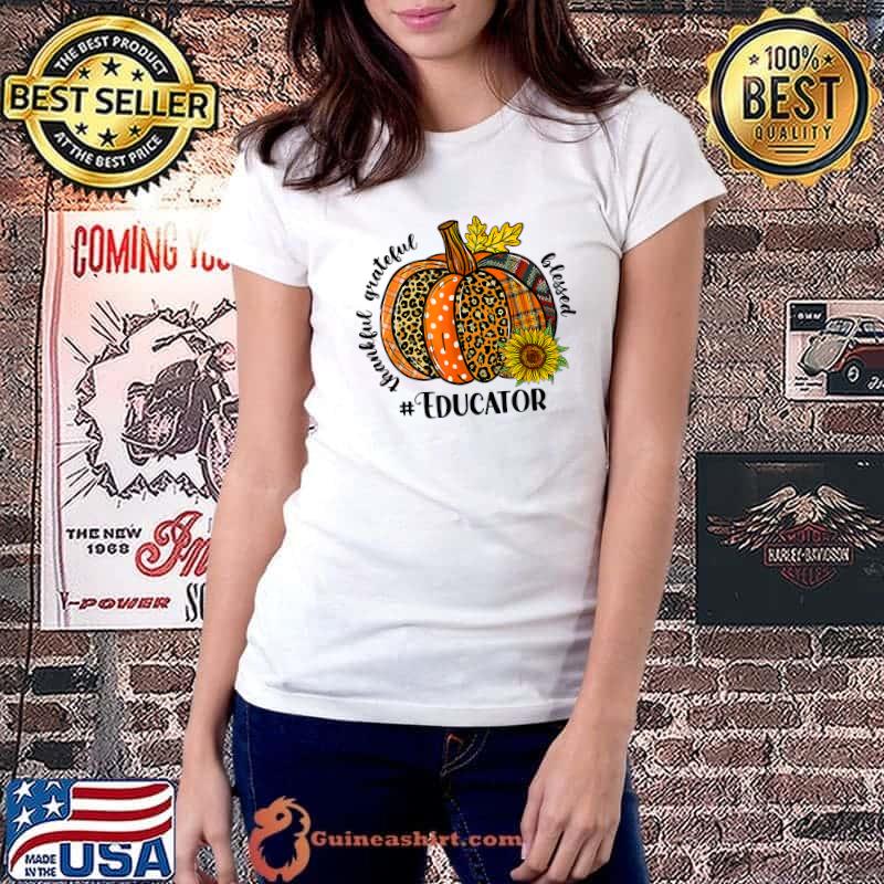 Fall Thankful Grateful Leopard Pumpkin Educator Thanksgiving T-Shirt Ladiestee