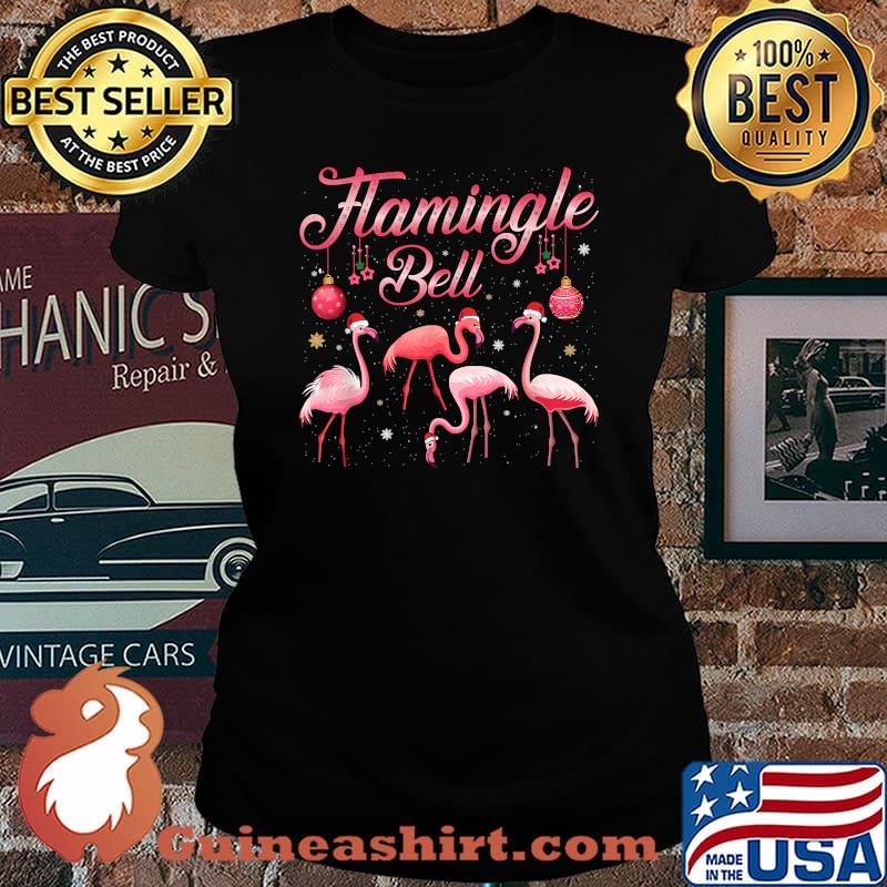 Flamingle Bell Christmas Cute Womens Flamingo Santa Hat T-Shirt Laides tee