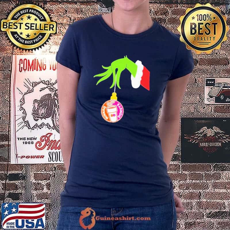 Grinch Hand Holding Dunkin’ Donuts Logo Merry Christmas Shirt Ladiestee