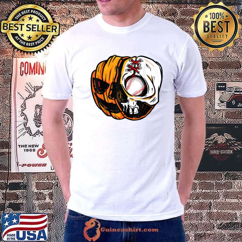 Halloween Pumpkin Skeleton Skull Baseball Player Costume T-Shirt