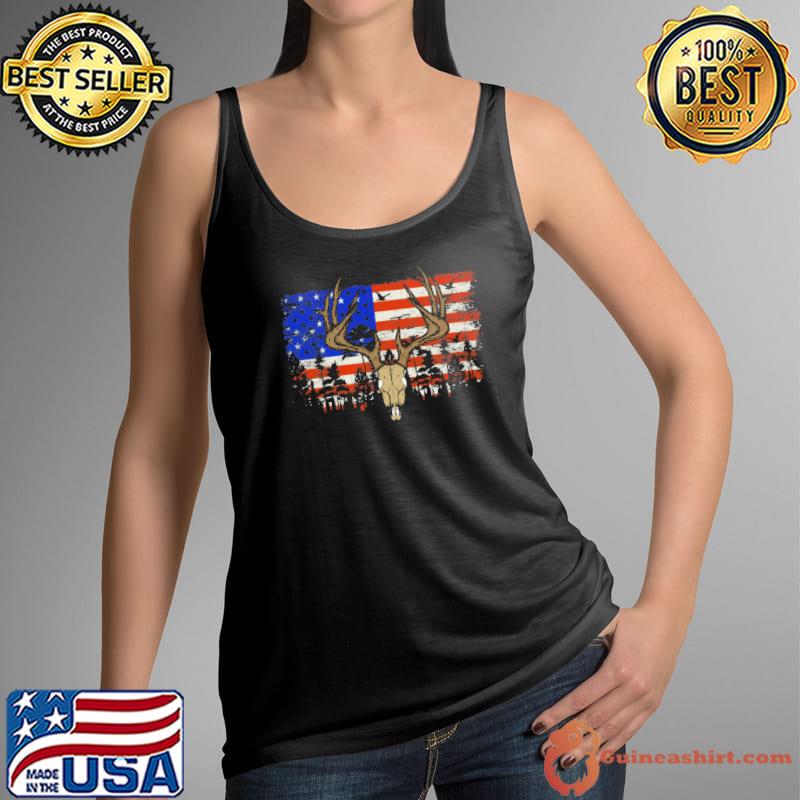 Hunters Deer Skull On American Flag Shirt Tank Top
