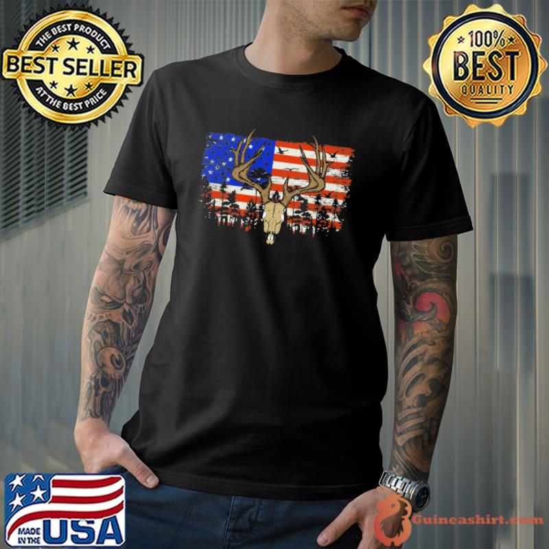 Hunters Deer Skull On American Flag Shirt Unisex