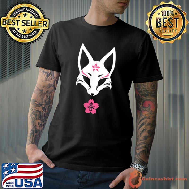 Japanese Kitsune Fox Mask Pink Spring Aesthetic Design T-Shirt