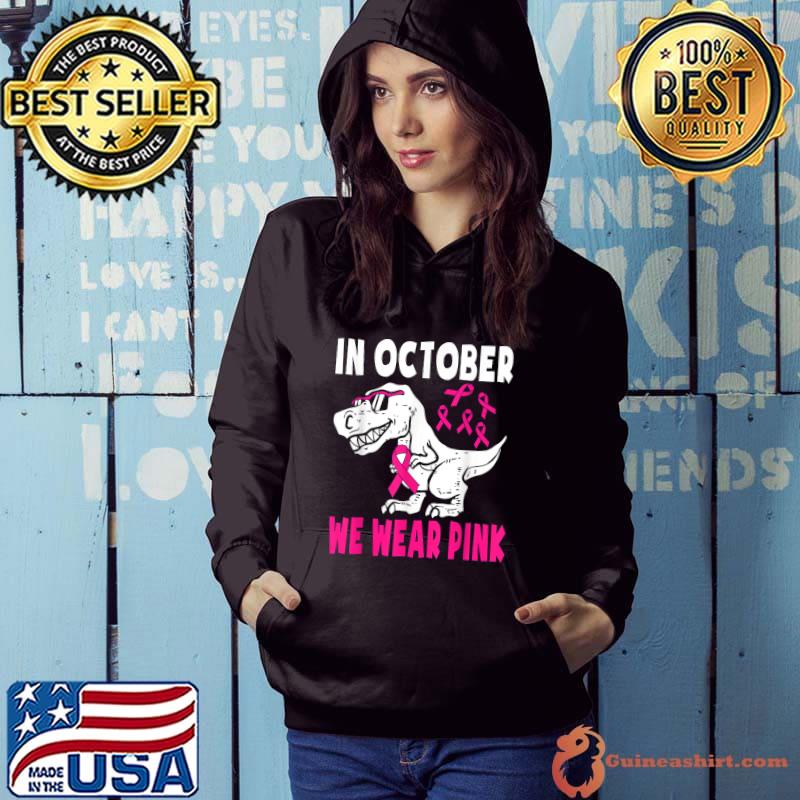 Kids In October We Wear Pink Breast Cancer Awareness T rex T-Shirt