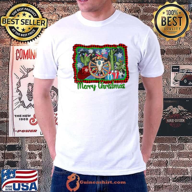 Nice western Wooden Wheel Bull Skull Christmas T-Shirt