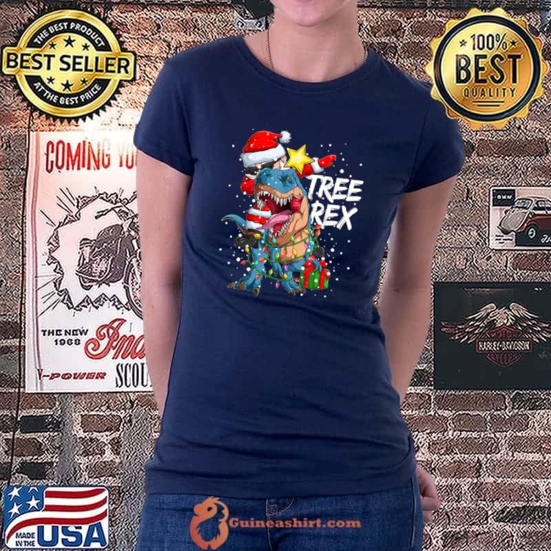 Official dabbing Santa Tree Rex Dinosaur Christmas Lights Pajama Xmas Essential T-Shirt Ladiestee