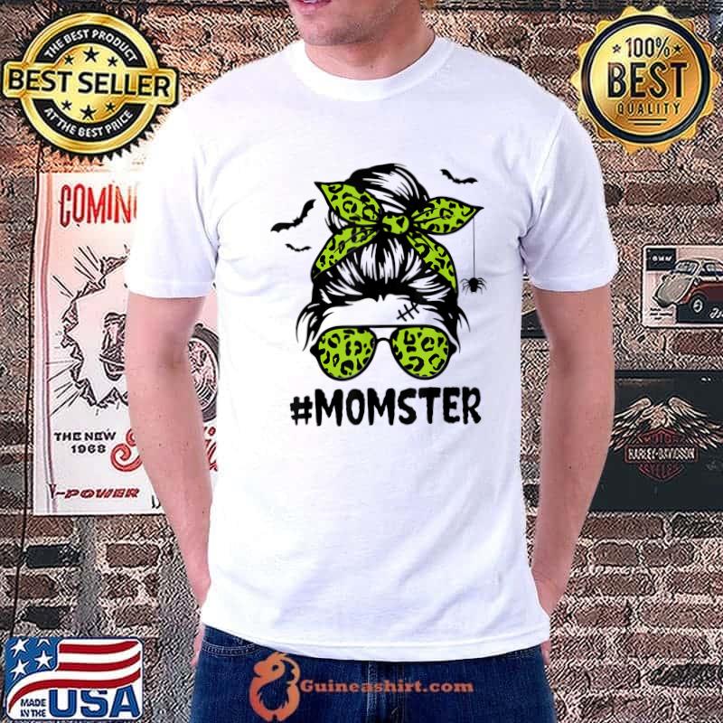 Original momster Shirt for Women Halloween Mom Messy Bun Leopard T-Shirt