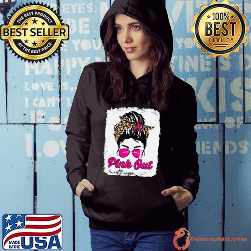 Pink Out Football Mom Messy Bun Pink Breast Cancer Bleached T-shirt